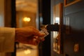 Man in a suit using a key card to access a secured door in a hotel corridor Royalty Free Stock Photo