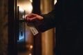 Man in a suit using a key card to access a secured door in a hotel corridor Royalty Free Stock Photo