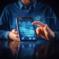 A man in a suit is using a mobile phone with a shopping cart on the screen Royalty Free Stock Photo