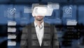 Man in Suit Using Virtual Reality Headset for Data Analysis and Processing in Modern Office Environment with Digital Royalty Free Stock Photo
