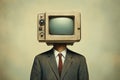 Man in suit with vintage TV for a head against beige background. Concept of media influence, information overload Royalty Free Stock Photo