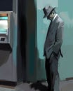 A man in a suit walking away from an ATM and looking sadly at the ground.. AI generation