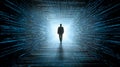 Man walking through digital tunnel of data, future technology concept, artificial intelligence Royalty Free Stock Photo