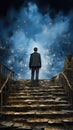 A man in a suit walks up stairs to a sky filled with stars, AI