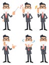 A man in a suit wearing a mask and wearing glasses 6 different facial expressions and poses