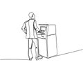 A man in a suit withdraws money from an ATM, cash machine, bank one line art. Continuous line drawing of bank, money