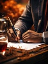 A man in a suit writing on a piece of paper, AI Royalty Free Stock Photo