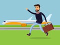 Man with Suitcase Running to Passenger Plane.