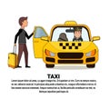 Man With Suitcase Sitting In Yellow Cab Car Taxi Service Icon Over Background With Copy Space Royalty Free Stock Photo