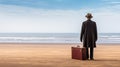 man with suitcase standing on beach, storytelling concept - generative AI