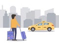 A man with suitcases is waiting for a taxi online