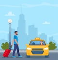 Man with a suitcase take taxi. Urban background. Yellow Taxi Car, front view. Taxi with smiling man driver. Flat vector