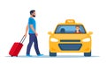 Man with a suitcase take taxi. Yellow Taxi Car, front view. Taxi with smiling man driver. Flat vector illustration