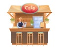 Man in summer cafe terrace outdoor scene. Restaurant outside with bar counter vector illustration. Seller or barista at Royalty Free Stock Photo