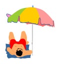 Man sunbathing on the beach under parasol, illustration. Handsome boy lying down on sand. Summer time activity. Sun protect