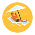 Man sunbathing guy in swimwear using smartphone lying on sun lounger under umbrella summer vacation concept male Royalty Free Stock Photo