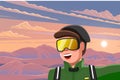 Man in sunglasses with backpack, traveller or explorer standing on top of mountain or cliff