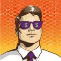 Man with sunglasses dollar sign. Vector illustration in retro pop art style. Business success concept Royalty Free Stock Photo