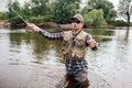 Man in sunglasses stands in water and fishing. He is preparing fly-fishing. Guy holds it in one hand and spoon in the Royalty Free Stock Photo