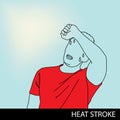 Man on sunlight heatstroke disease on blue background, illustration cartoon outline drawing
