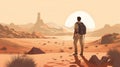 trek man journey desert landscape backpack travel walking adventure freedom hike. Generative AI. Royalty Free Stock Photo