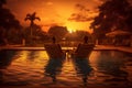 pool honeymoon vacation couple relax swimming travel back sunset romantic. Generative AI.