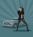 The man super agent. In a black with a gun. Luxury car. Vector i