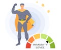 Man in super man costume and circular spectrum of level of health. Power of imunity to fight disease