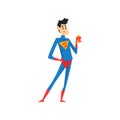 Man in superman costume, funny person at carnival party or masquerade vector Illustration on a white background