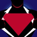 Man in Superman Pose Opening Shirt to Reveal Blank Triangular Logo. Male Silhouette with Man of Steel Empty Trademark on