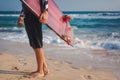 Man with a surfboard in his hands against the background of the ocean beach, active lifestyle Royalty Free Stock Photo