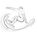 Man on surfboard riding a wave vector illustration.Surfer riding the waves,liner drawing