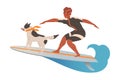 Man Surfer Character on Surf Board with Dog Riding Moving Wave of Water Vector Illustration Royalty Free Stock Photo