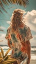 Man with surfer hair stands on beach with floral shirt, holding surfboard Royalty Free Stock Photo