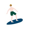 Man Surfer Riding Surfboard Catching Waves, Young Man Enjoying Summer Vacation on Sea or Ocean, Recreational Water Sport