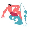 Man surfer. Vector illustration. Trendy flat exaggerated style isolated object people. Cool guy on surf board