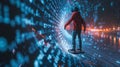Man surfing on a hoverboard through a futuristic binary code tunnel