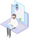 Man surfing internet, interacting in social media with avatar profile icon, chatting in messenger