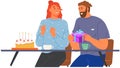 Man surprises his girlfriend or spouse with present in cafe. Couple on romantic date in restaurant Royalty Free Stock Photo