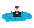 Man surrounded by sharks. Despair of businessman. Hopeless situation Royalty Free Stock Photo