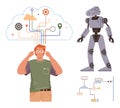 Man surrounded by technology concepts, robot, and cloud symbolizing innovation and artificial intelligence Royalty Free Stock Photo