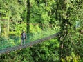 Man at suspension bridge in tree top canopy walkway in Danum rain forest Lahad datu Royalty Free Stock Photo