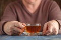 Man in sweater drink hot tea Royalty Free Stock Photo