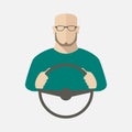 A man in sweater and glasses is driving a car. Vector illustration. Royalty Free Stock Photo
