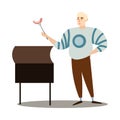 Man in sweater holding grilled sausage barbecue vector illustration