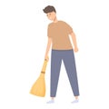 Man with sweeping broom icon cartoon vector. Cleaning house roof.