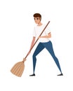 Man sweeping the floor with classic broom cartoon character design flat vector illustration isolated on white background