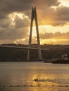 Man swimming in Bosporus in front of Third Istanbul bridge in Sunset time. Royalty Free Stock Photo