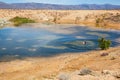 A man swimming in a desert pool.