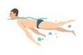 Man Swimming, Guy in Swimwear Performing Water Activities, Water Swim Sport Cartoon Style Vector Illustration Royalty Free Stock Photo